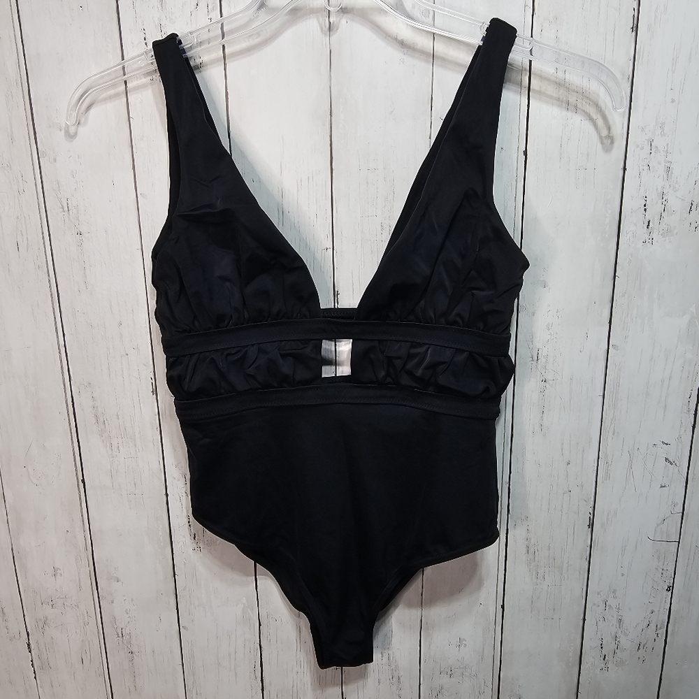 ASOS Swim Women's Plunge One Piece Swimsuit Black Ruched Size 6 US.